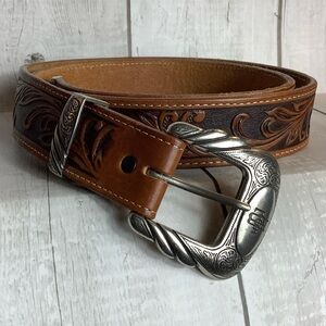Tony Lama Brown Leather Belt with Silver Buckle